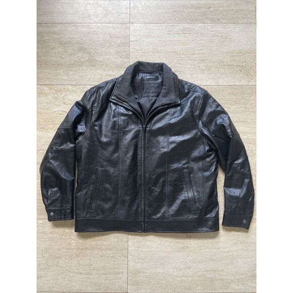 Roundtree And Yorke‎ Genuine Lamb Skin Leather Jacket Wool Collar Men's XL Black